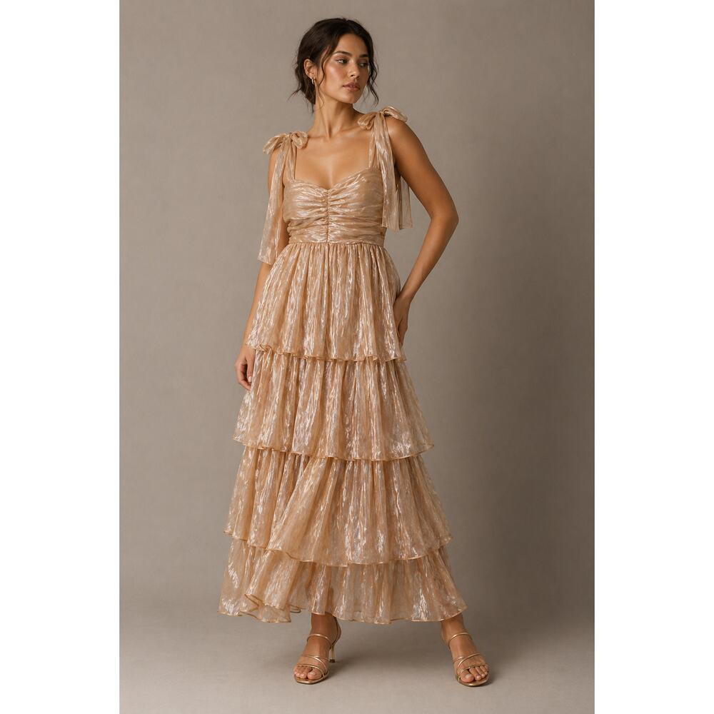 Lulus Radiant Arrival Shiny Gold Organza Tiered Tie-Strap Maxi Dress Medium